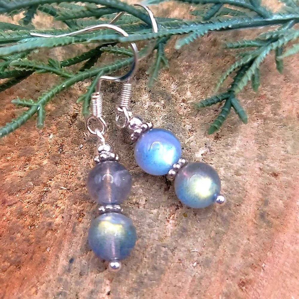 Nature Labradorite Flashy Double Round Beads 925 Dangle Earring